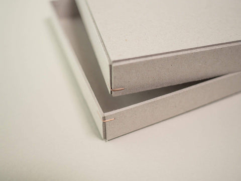 Detailansicht einer handgefertigten Design Box aus Graukarton. Format 19cm x 13cm x 2,5cm. Die Drahtheftung an jeder Ecke verleiht den Boxen einen edlen Look.