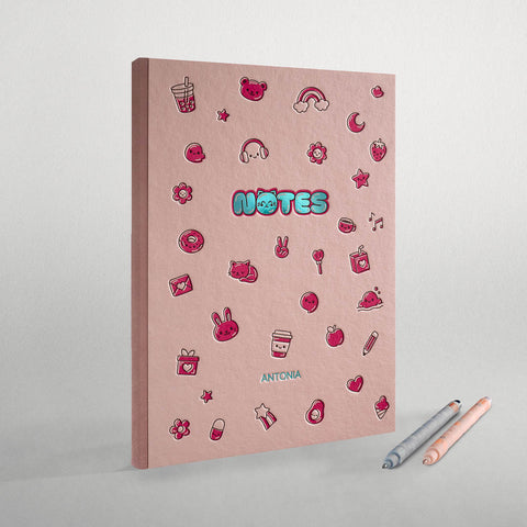 Kawaii Notizbuch Bullet Journal rosa mit Letterpress Icons und Personalisierung – handgefertigt in Deutschland