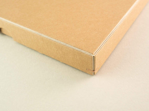 Detailansicht der Drahtheftung an jeder Ecke einer handgefertigten Design Box aus Kraftkarton mit weißem Kern. Format 19cm x 13cm x 2,5cm.